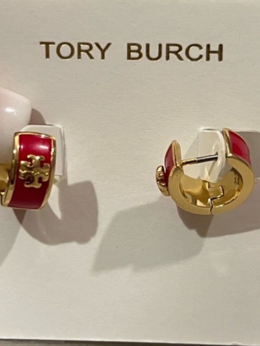 Tory Burch Gold and Red Enamel Huggie Earrings